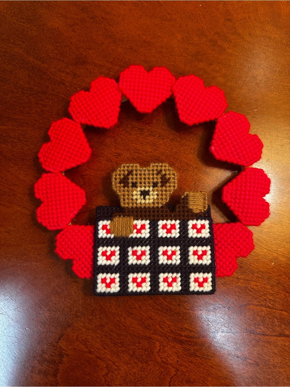 Vintage Handmade Yarn Heart Wreath with Teddy Basket